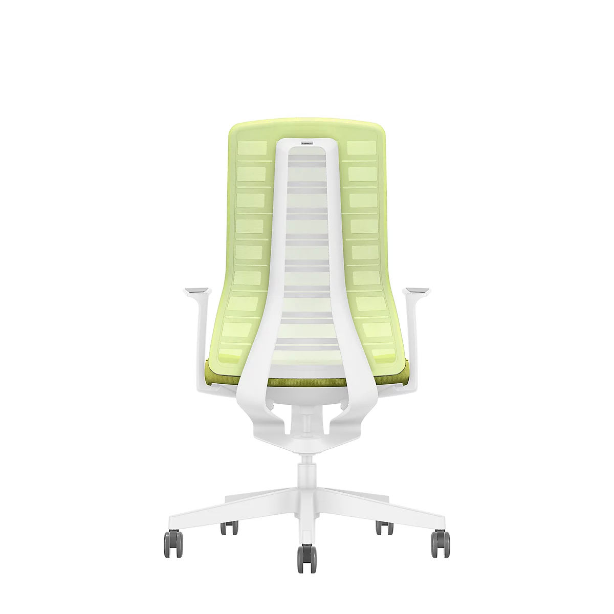 Interstuhl Bürostuhl PUREis3, feste Armlehnen, 3D-Auto-Synchronmechanik, Muldensitz, Netzrücken, maigrün/weiß