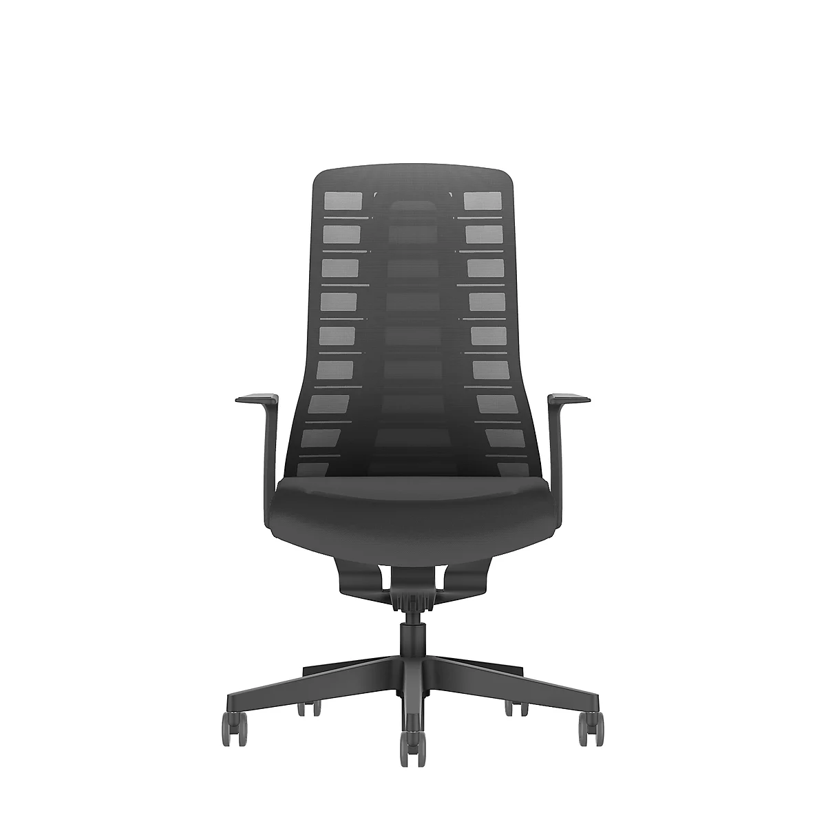 Interstuhl Bürostuhl PUREis3, feste Armlehnen, 3D-Auto-Synchronmechanik, Muldensitz, Netzrücken, schwarz/schwarz