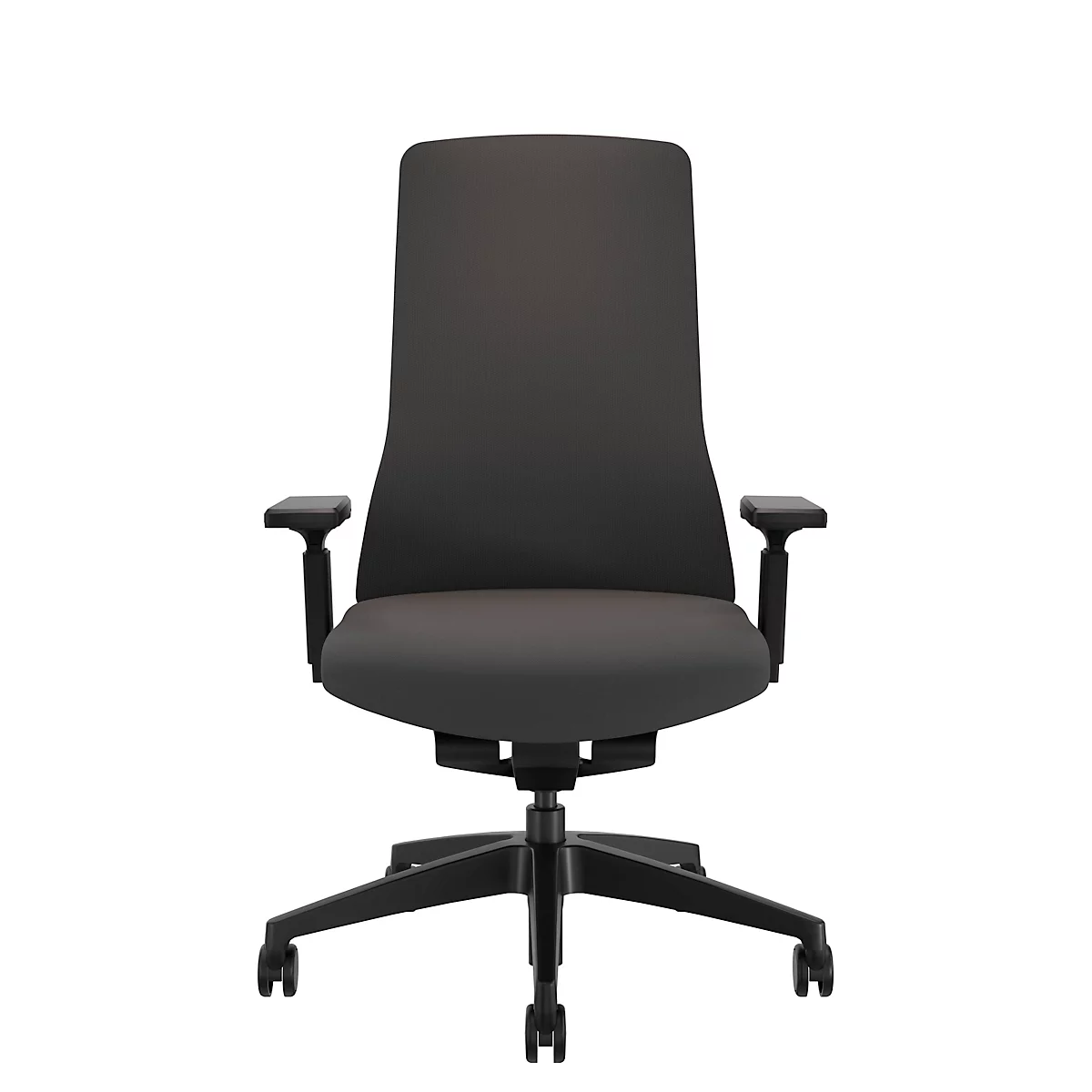 Chaise de bureau noire sur fond blanc. La chaise a un dossier haut, des accoudoirs et des roulettes.