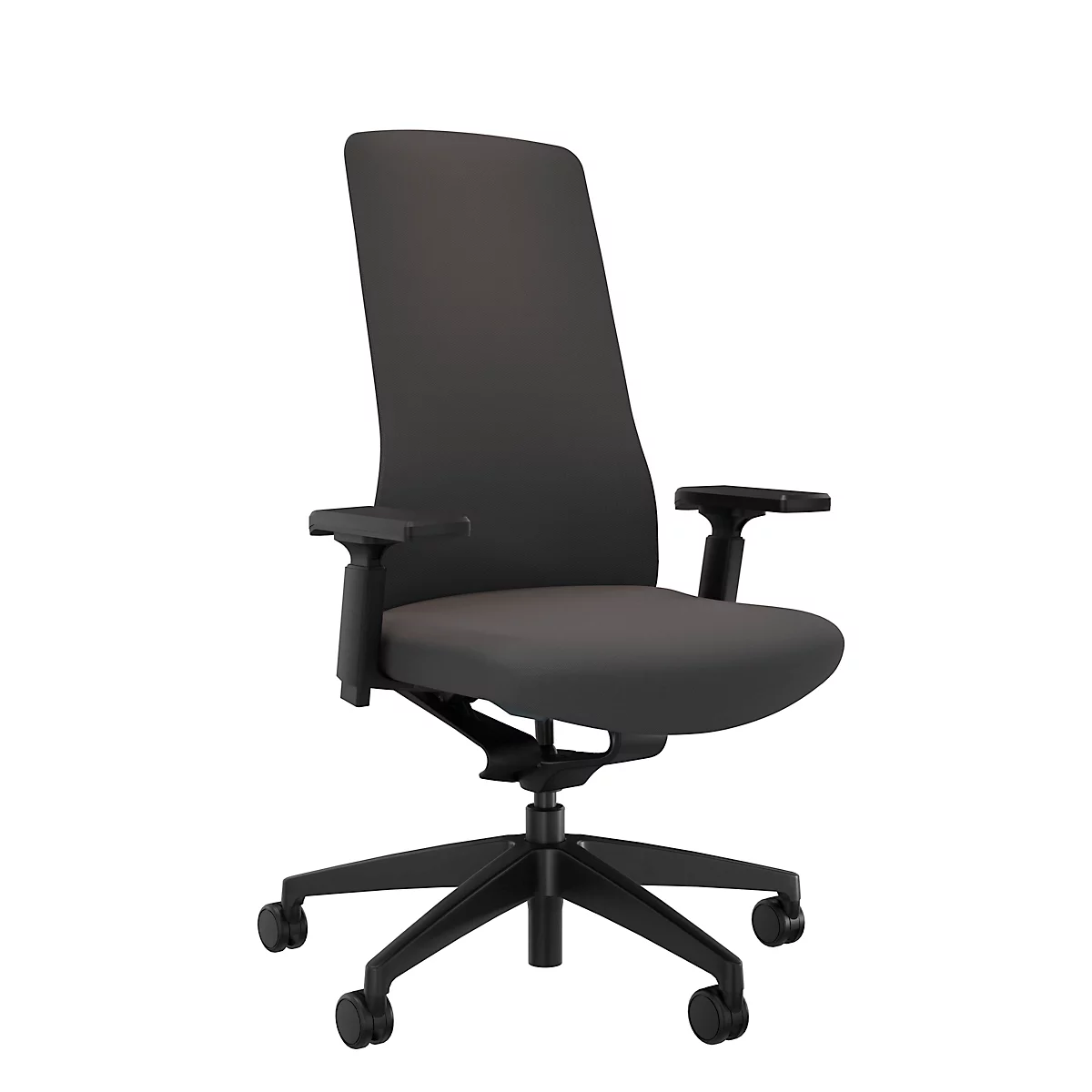 Chaise de bureau noire avec dossier haut, accoudoirs et roulettes.
