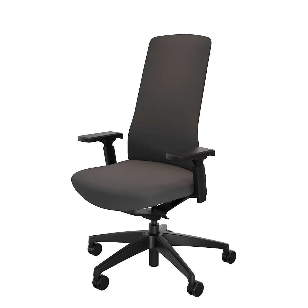 Un fauteuil de bureau gris avec un dossier haut, des accoudoirs et des roulettes. La chaise est contre un fond blanc.