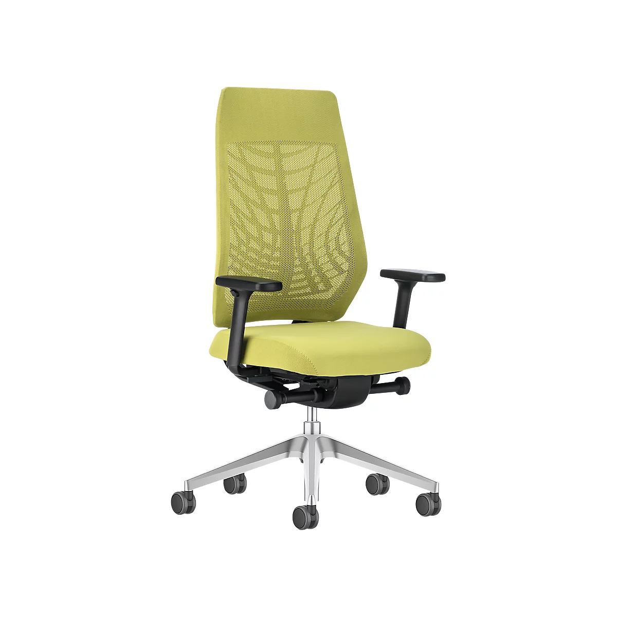 Green office chair with mesh back, black armrests, and silver base.