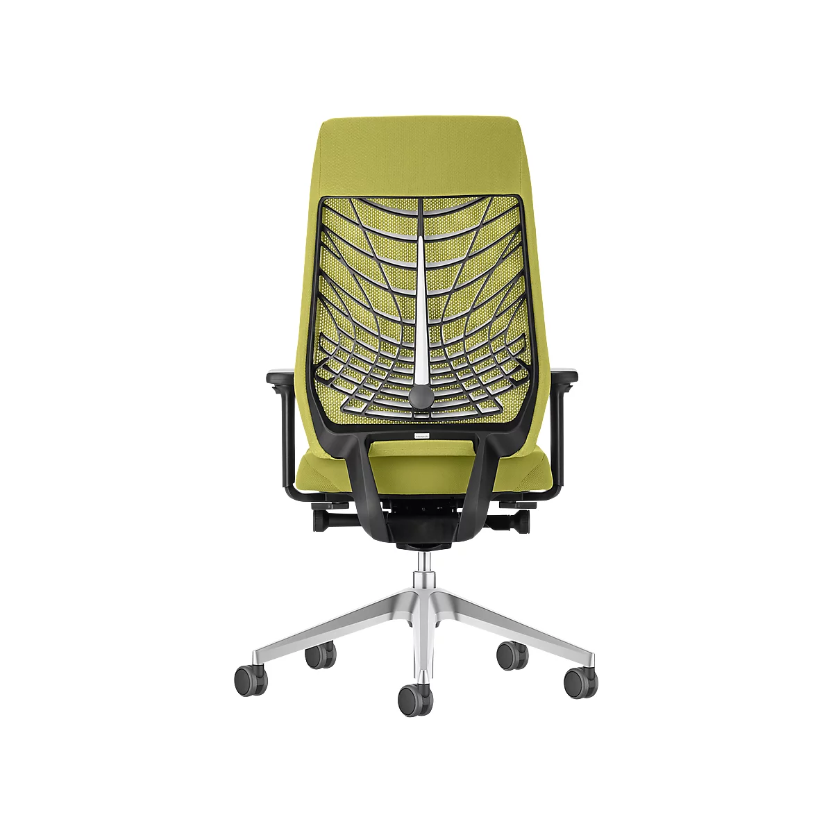 Office chair with green seat and backrest. The backrest has a black mesh design and a white central support.