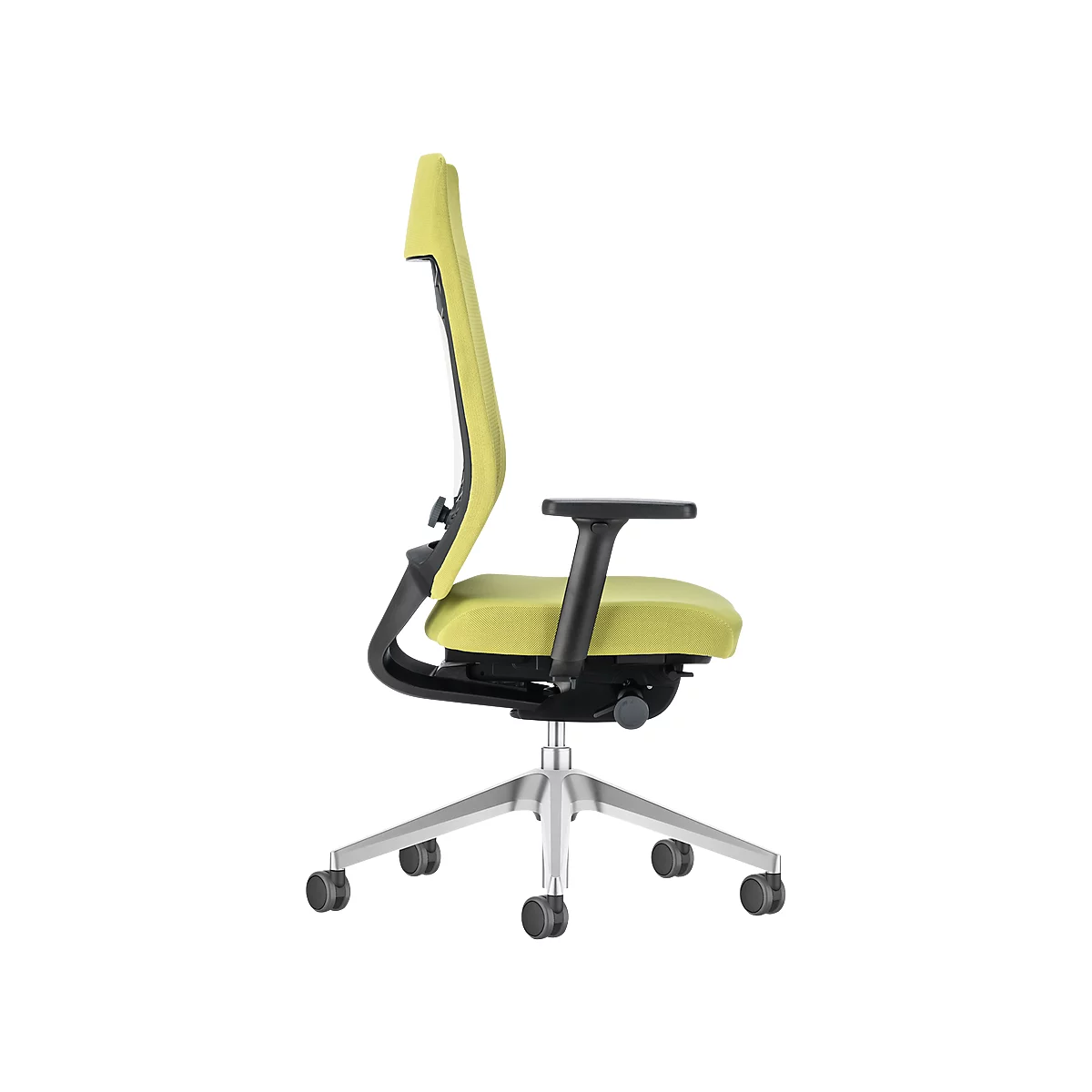 Side view of a green office chair: light green back and seat, black armrests, silver frame.