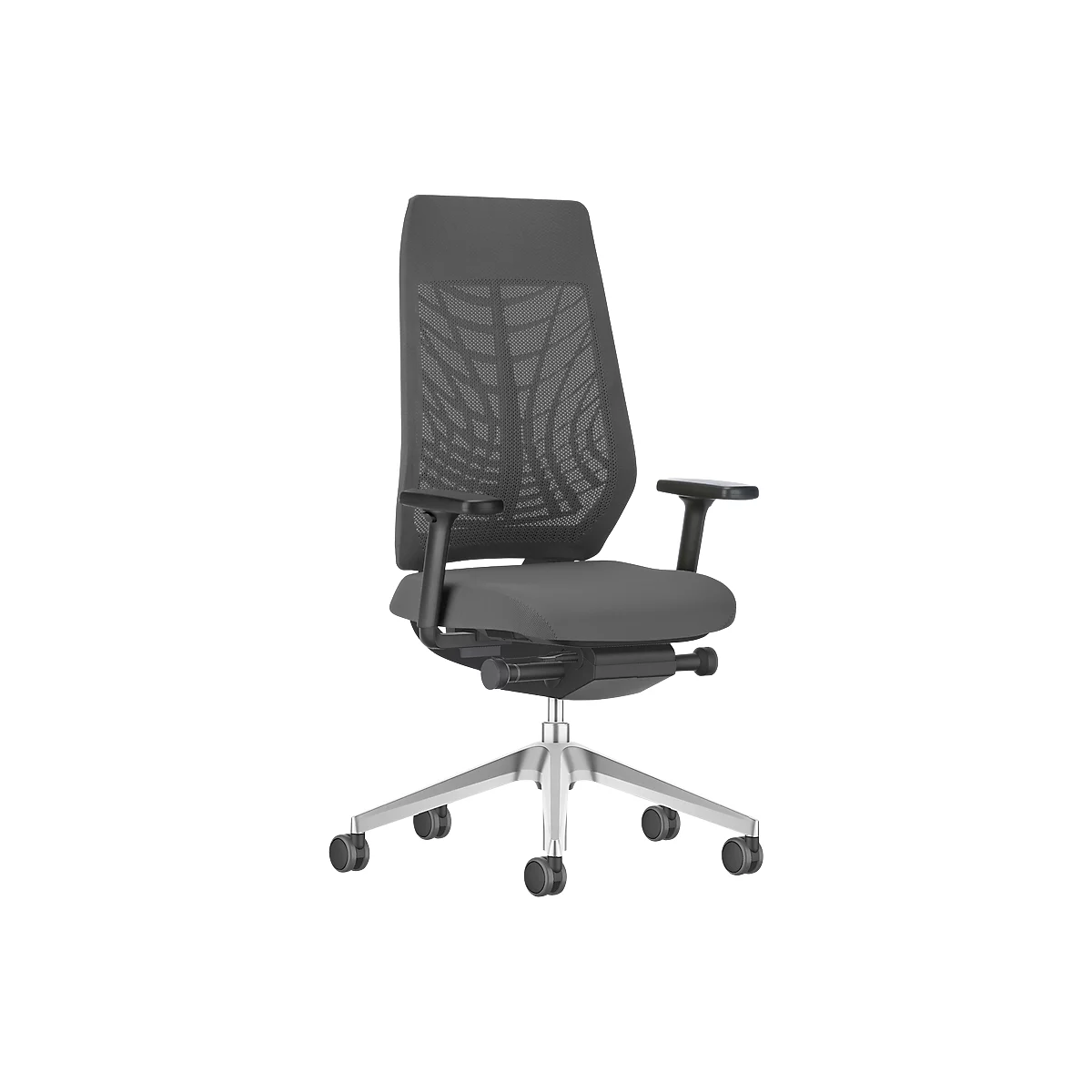 Office chair with gray mesh back and armrests. It stands on a silver base with casters.