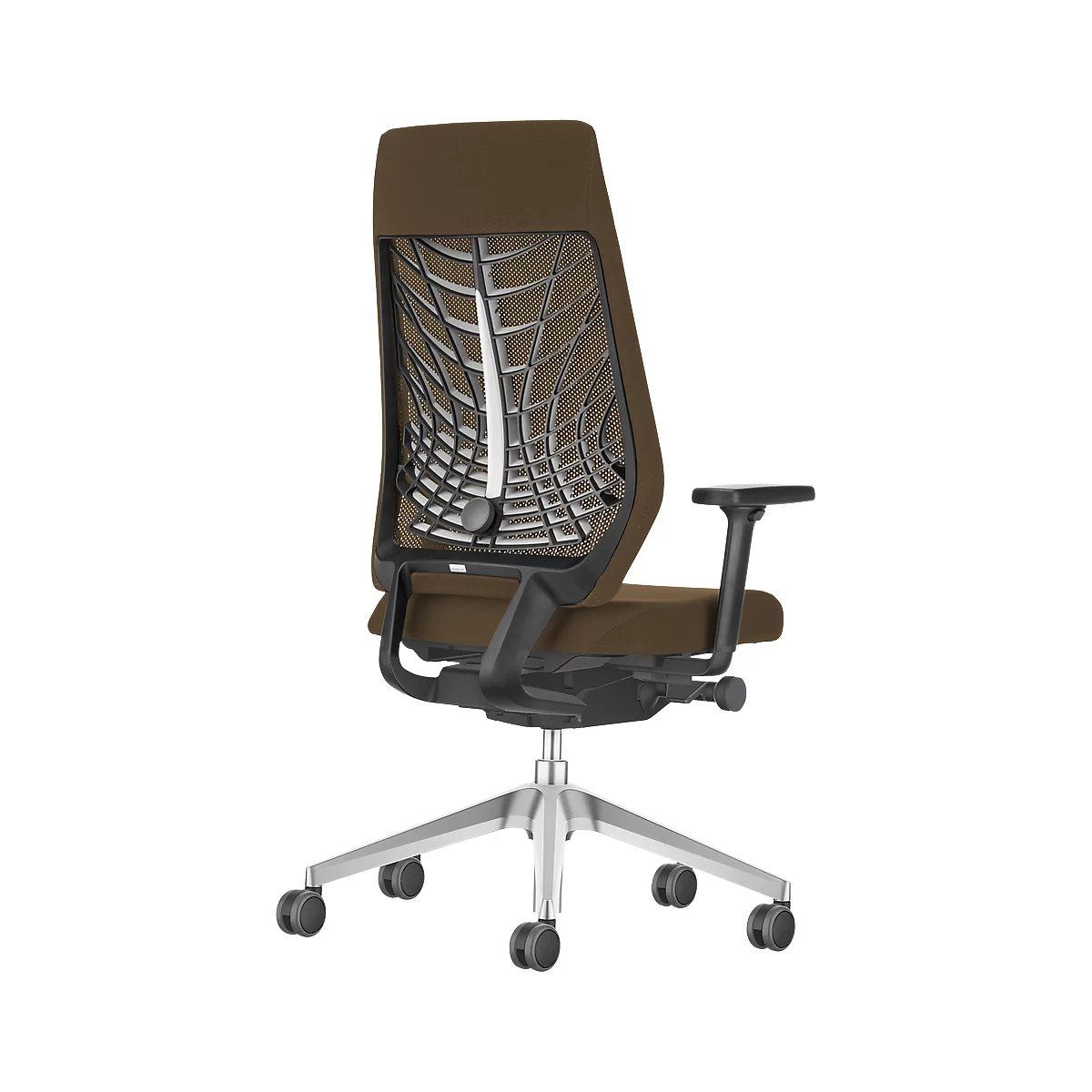 Office chair, brown fabric, black armrests, white back grid, silver base with wheels.
