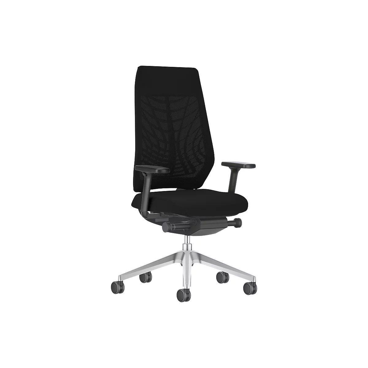 Black office chair with mesh back, armrests, and casters. The frame is silver.