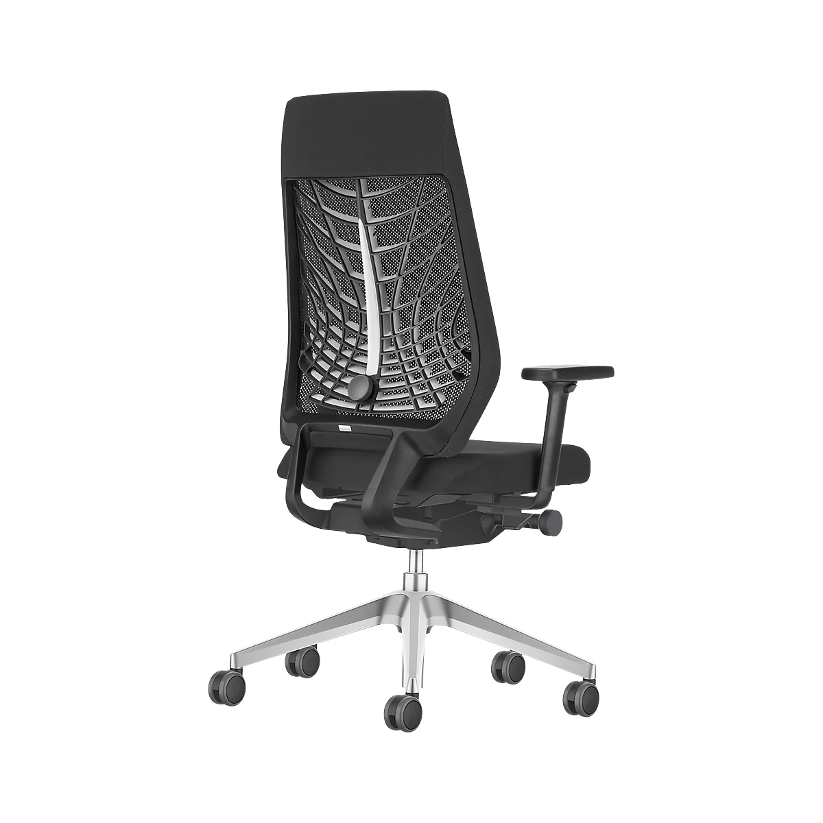 Black office chair with mesh back. The chair has a silver base with castors.