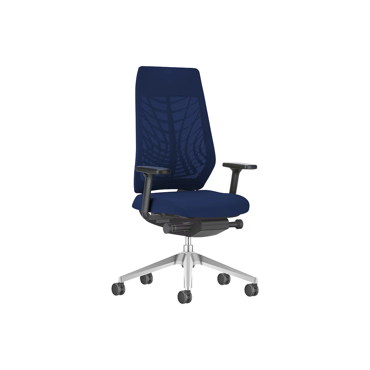 Blue office chair with mesh back, armrests and wheeled base.