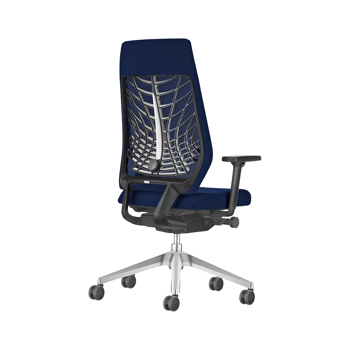 Blue office chair from the back, with mesh backrest and silver base.