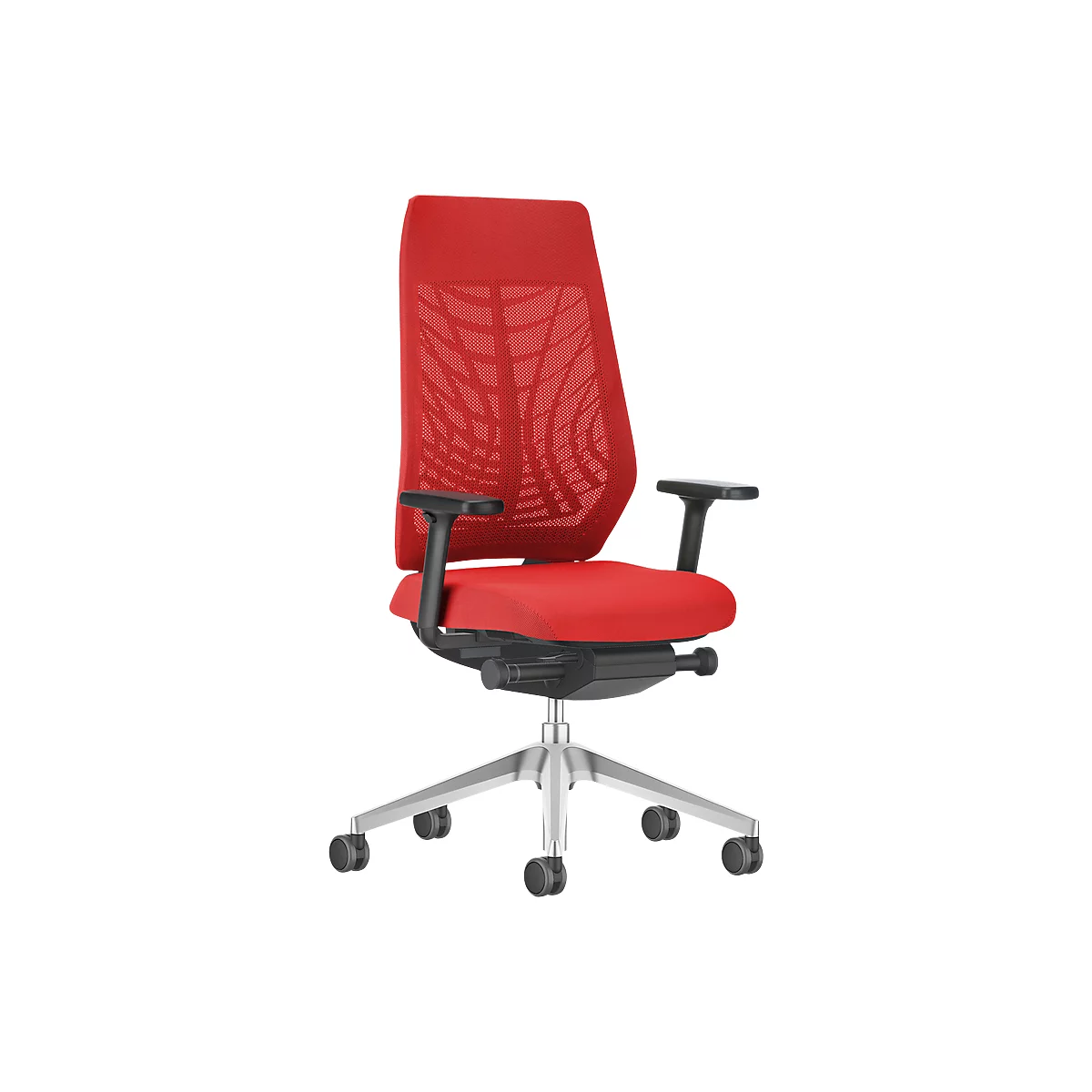 Red office chair with mesh back, black armrests, and silver base.