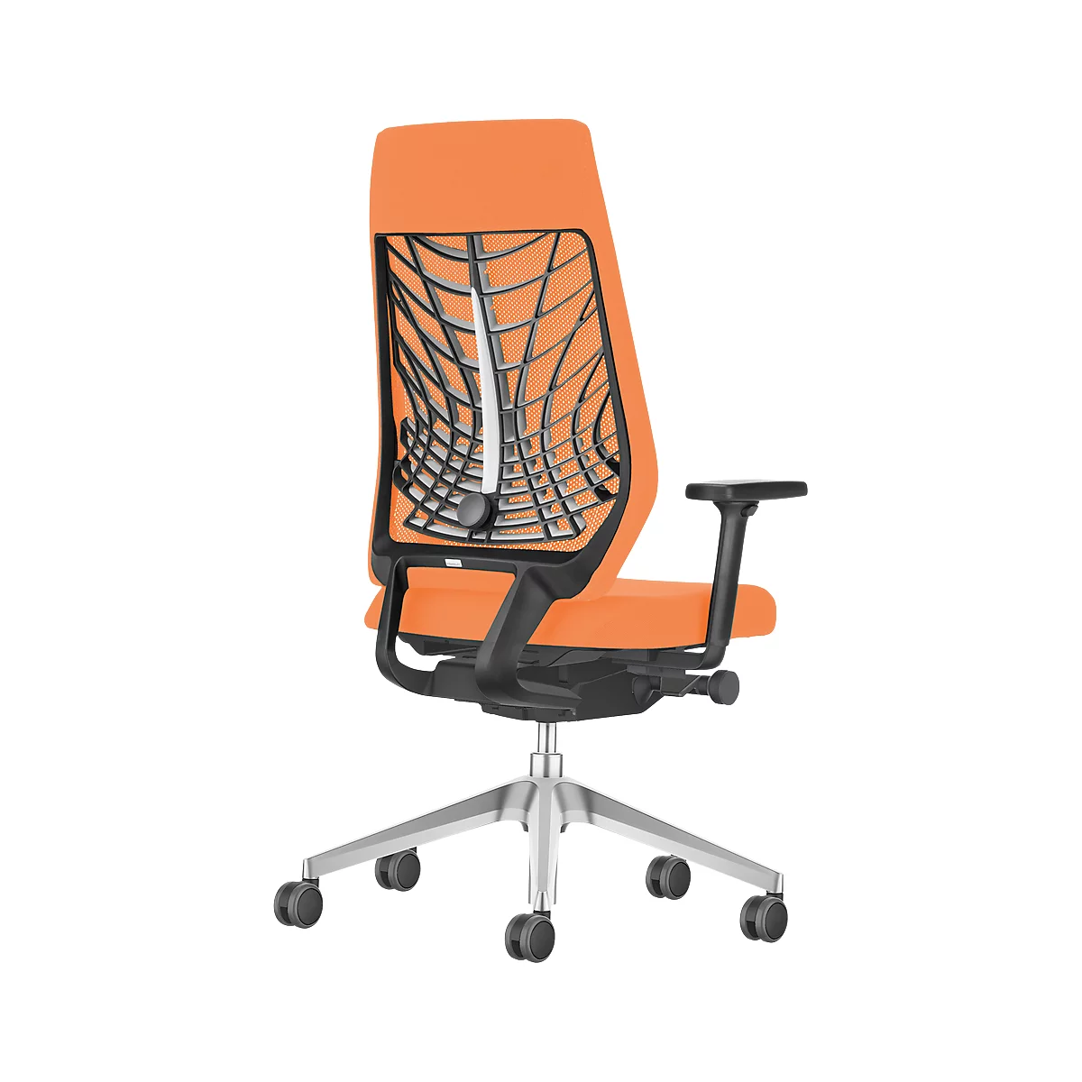 Office chair, orange with black mesh back and armrests, silver frame.