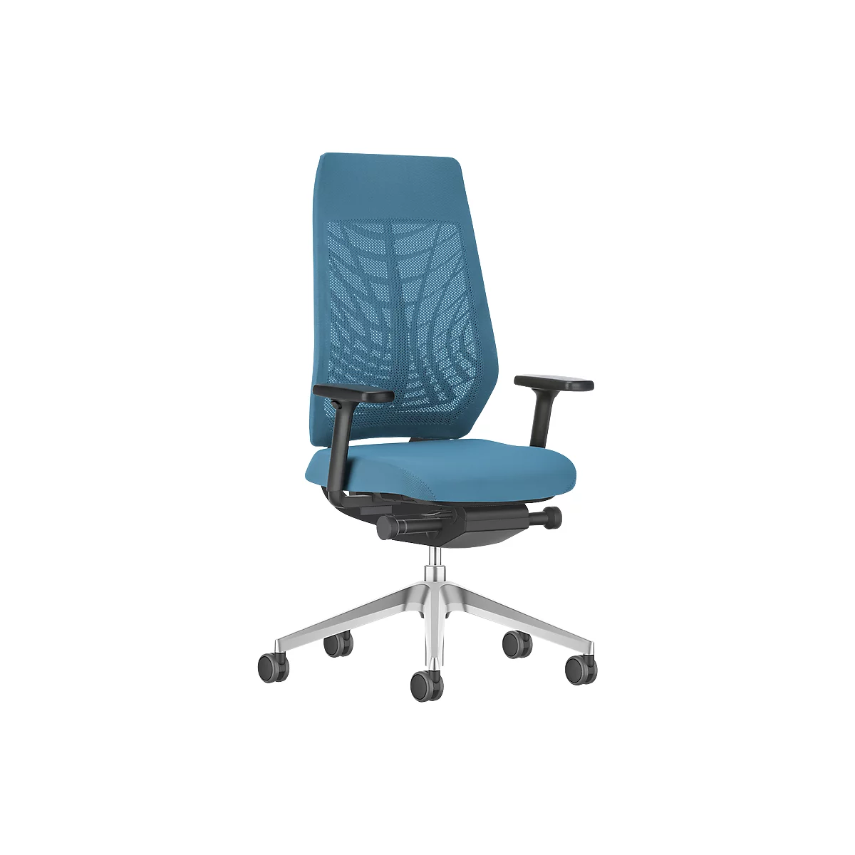 Blue office chair with mesh back, black armrests, and silver base.