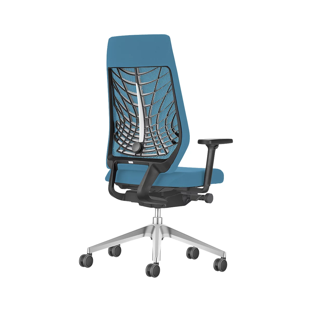 Blue office chair with mesh back, armrests, casters, photographed from behind.