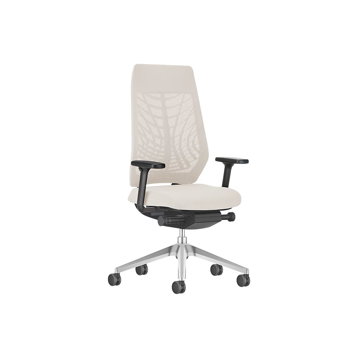 Office chair with cream mesh back and seat, black armrests, silver base.