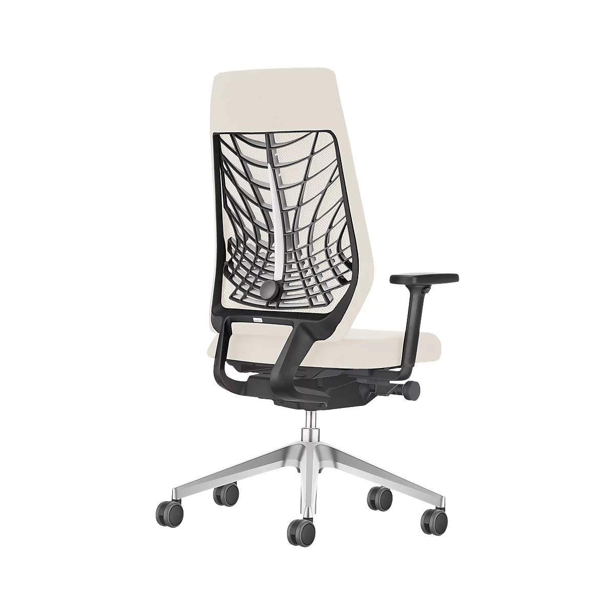 Office chair, back view, cream seat, black mesh, silver frame.