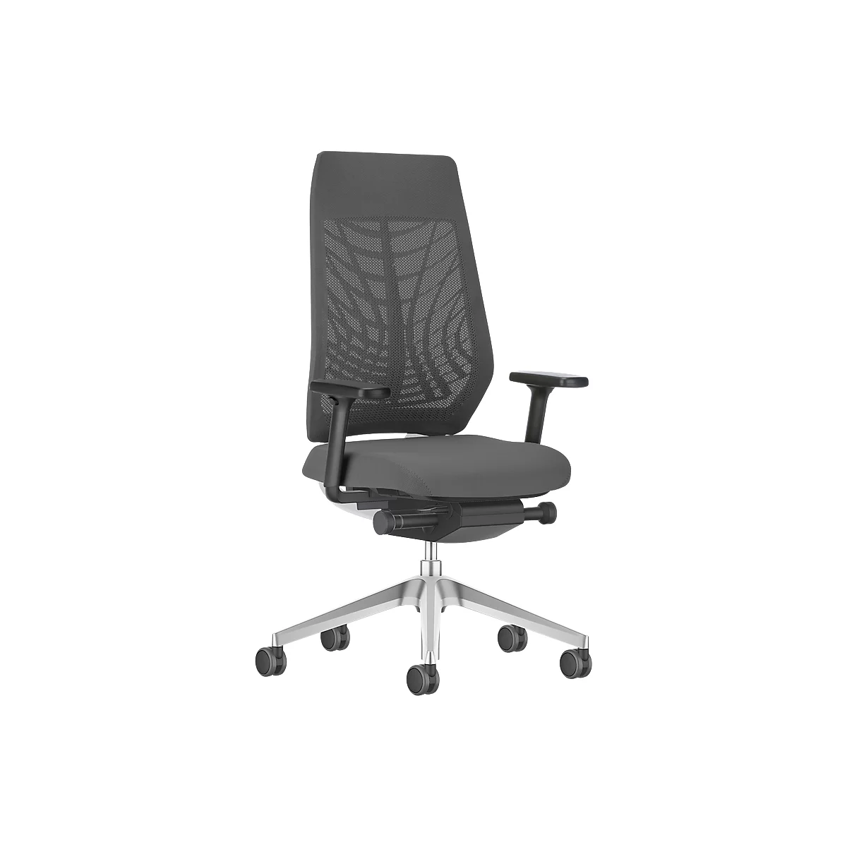 Gray office chair with mesh back, armrests and wheels. Angled view from the front.