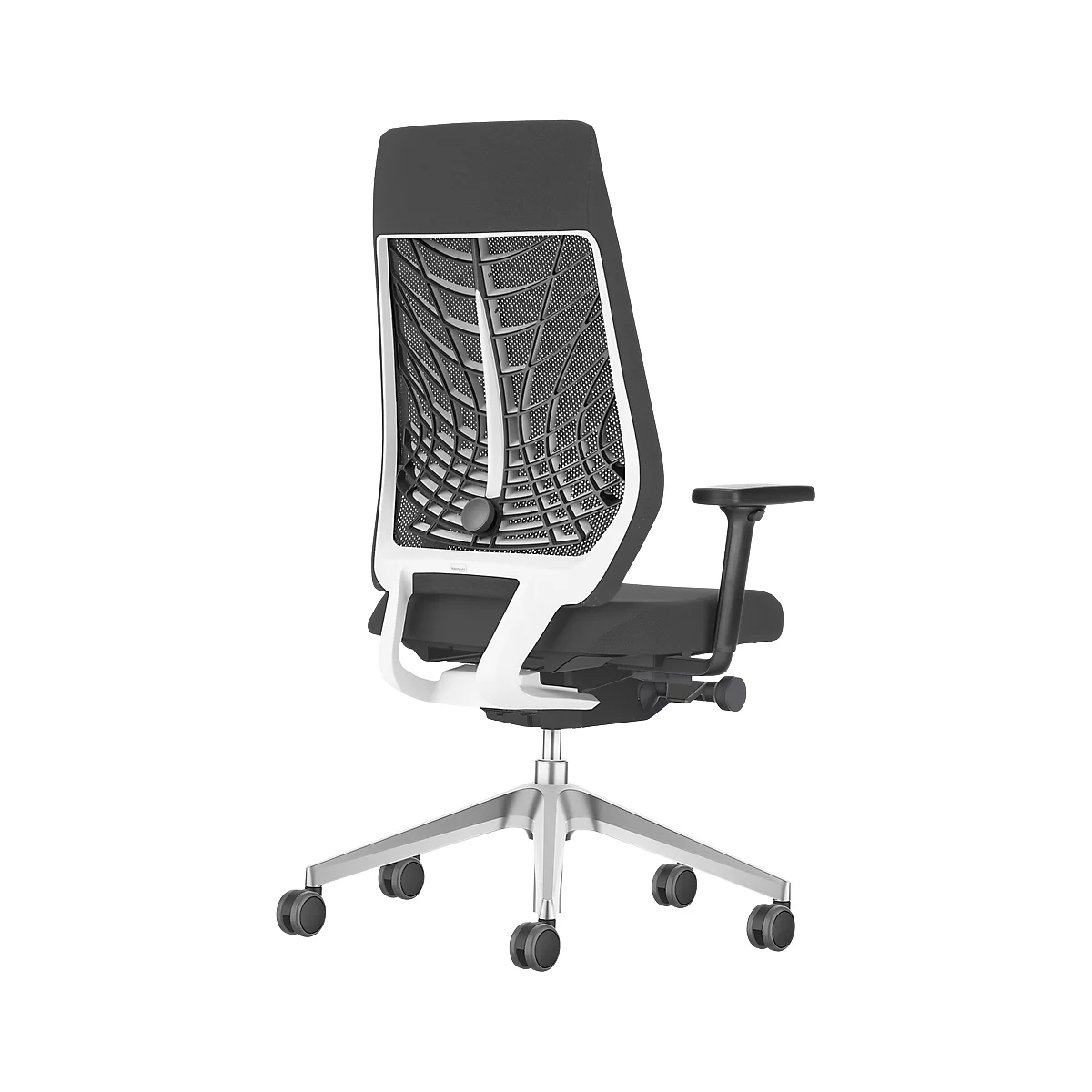 Office chair with white frame, grey mesh backrest, and black seat. Five casters. Rear view.