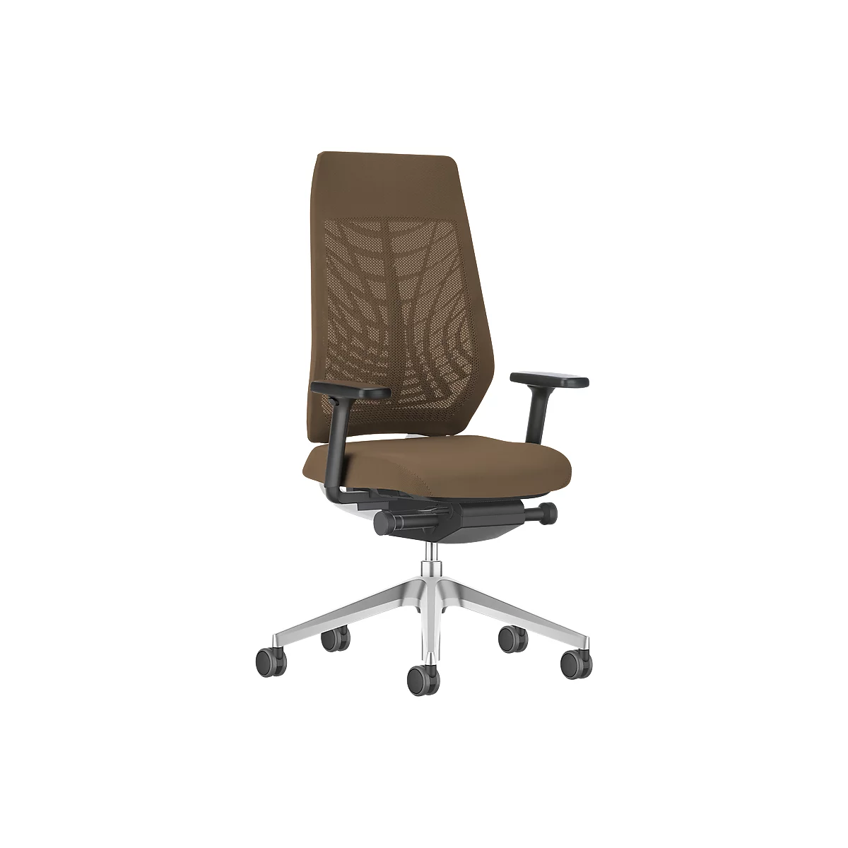 Office chair with brown mesh back, armrests and caster base.