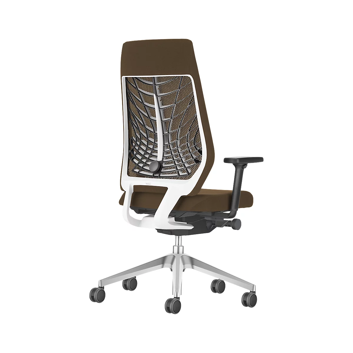 Office chair, brown with white frame and mesh back, photographed from behind.