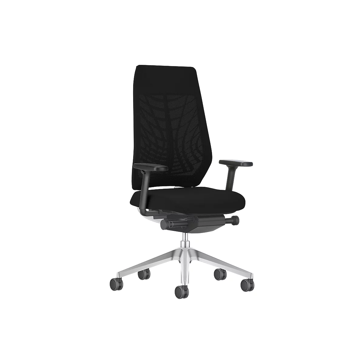 Black office chair with mesh back and armrests. It stands against a neutral background.