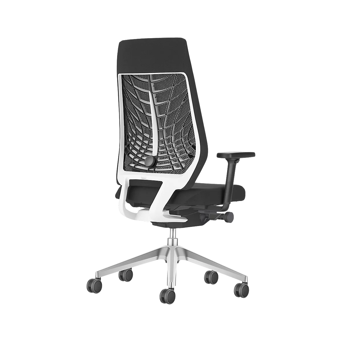 Office chair, black and white, view from the back, mesh backrest.