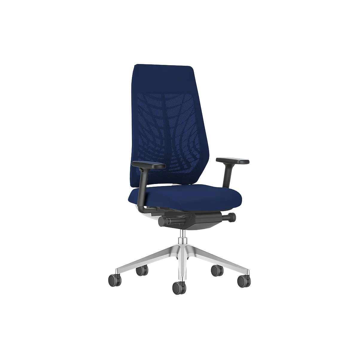 Blue office chair, mesh back, armrests, grey base.