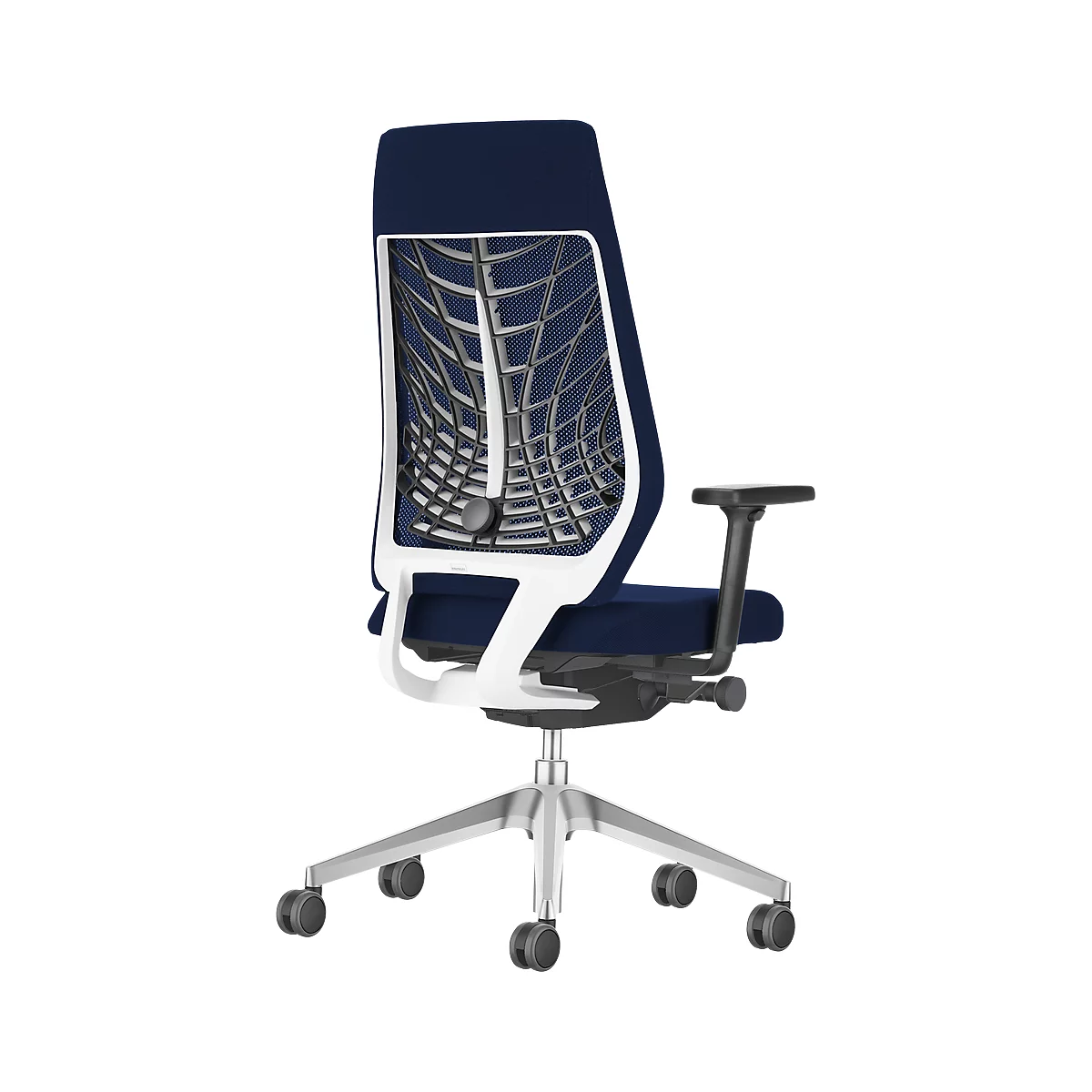 Blue office chair with white frame and silver base. The backrest is open and offers good seating comfort.