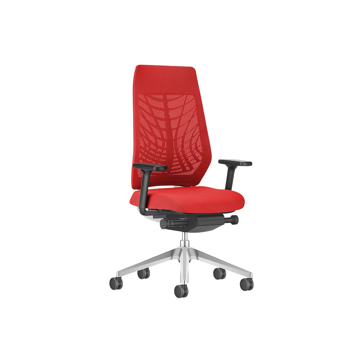 A red office chair with mesh back and black armrests. It stands on a silver base.
