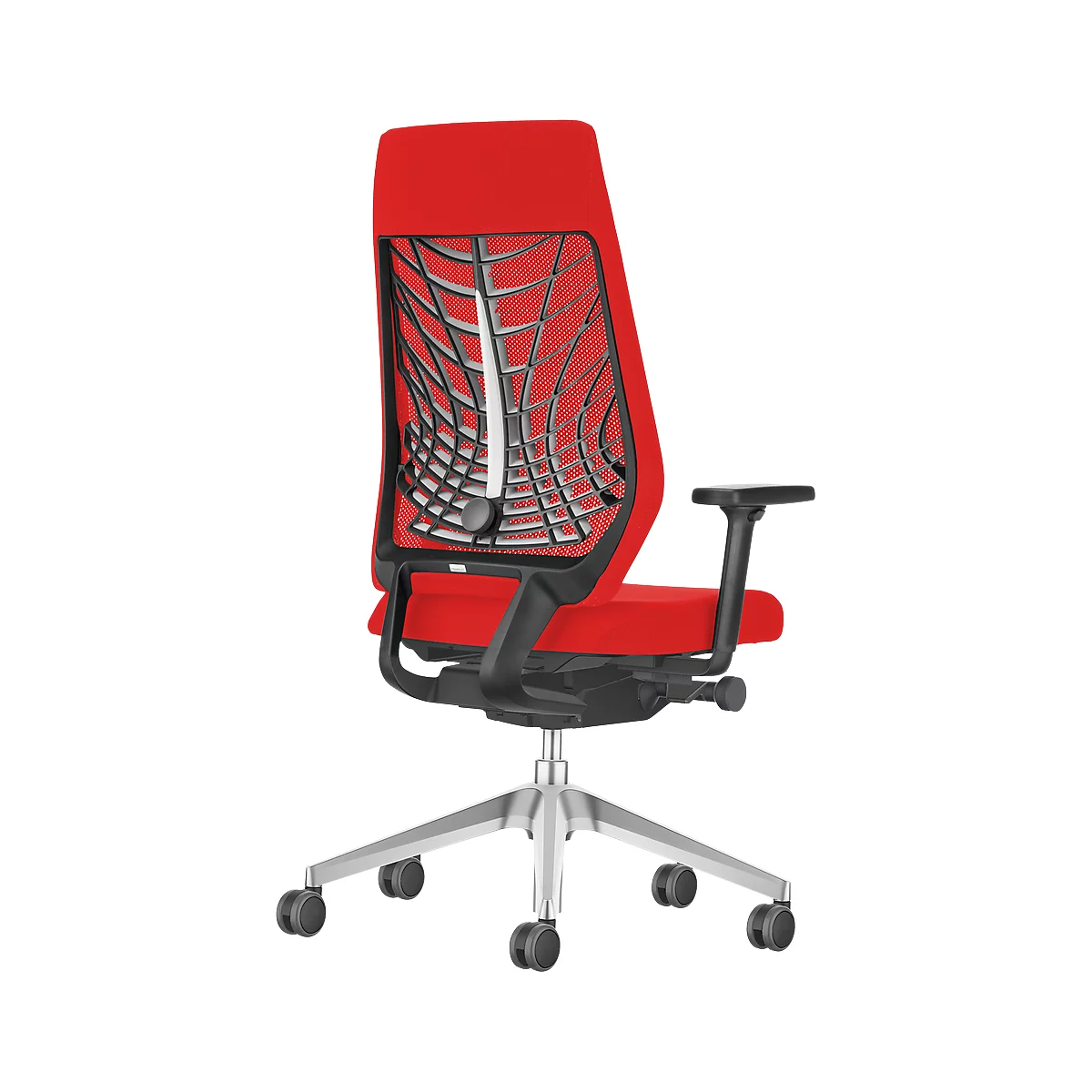 Red office chair with black mesh back, gray wheels and silver legs.