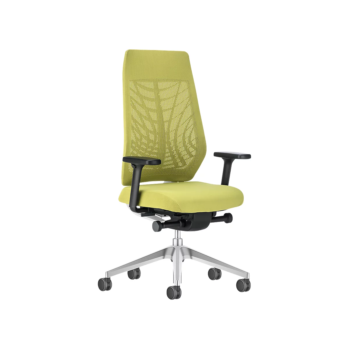 Office chair with high backrest and mesh in green. Black armrests, silver base with rollers.