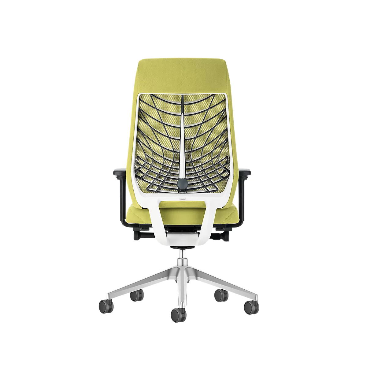 Back view of an ergonomic office chair with a lime green backrest, white frame, and black mesh. The chair has a silver base with castors.