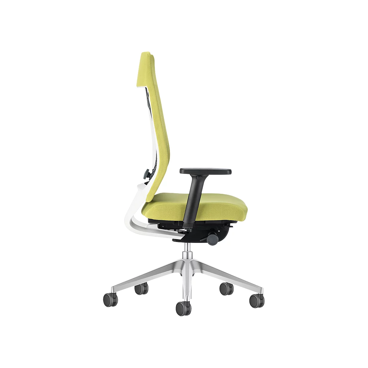 Office chair in profile: light green seat, backrest, armrest. Silver base with castors.