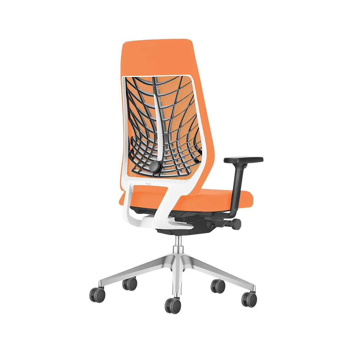 Orange office chair with white frame, black back, and silver base. Back with mesh structure.