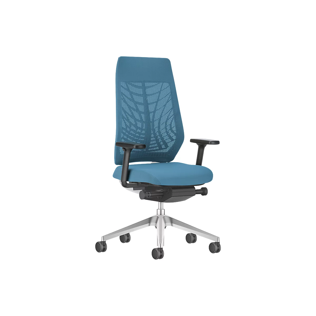 Blue office chair with mesh back and black armrests.