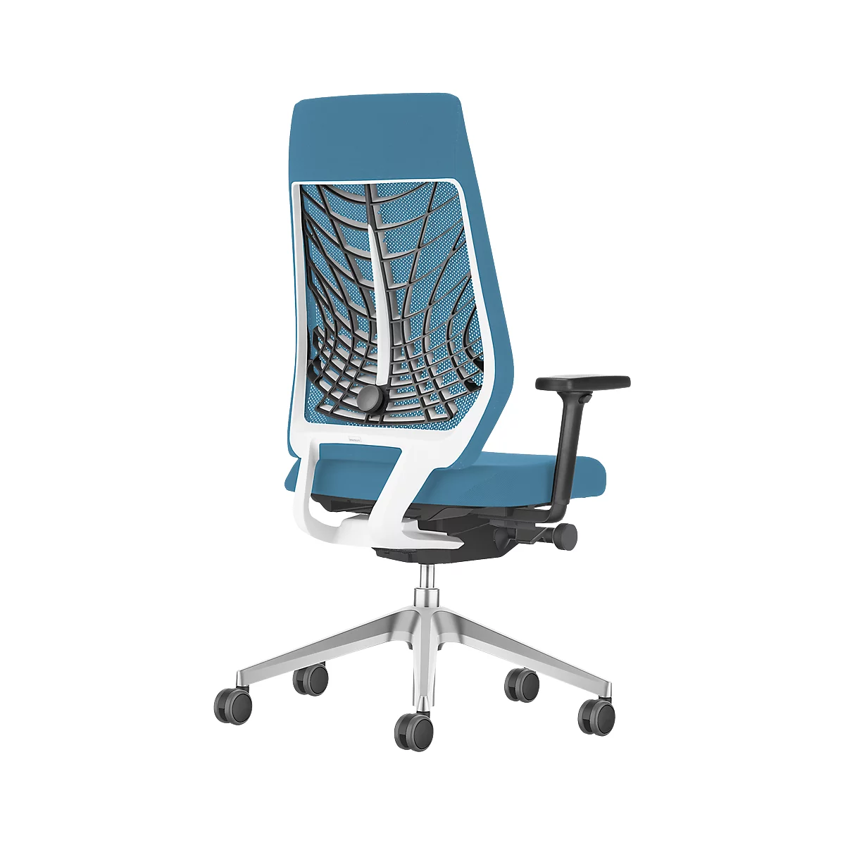 Blue office chair with white frame and mesh back. Black armrest, silver base with castors.