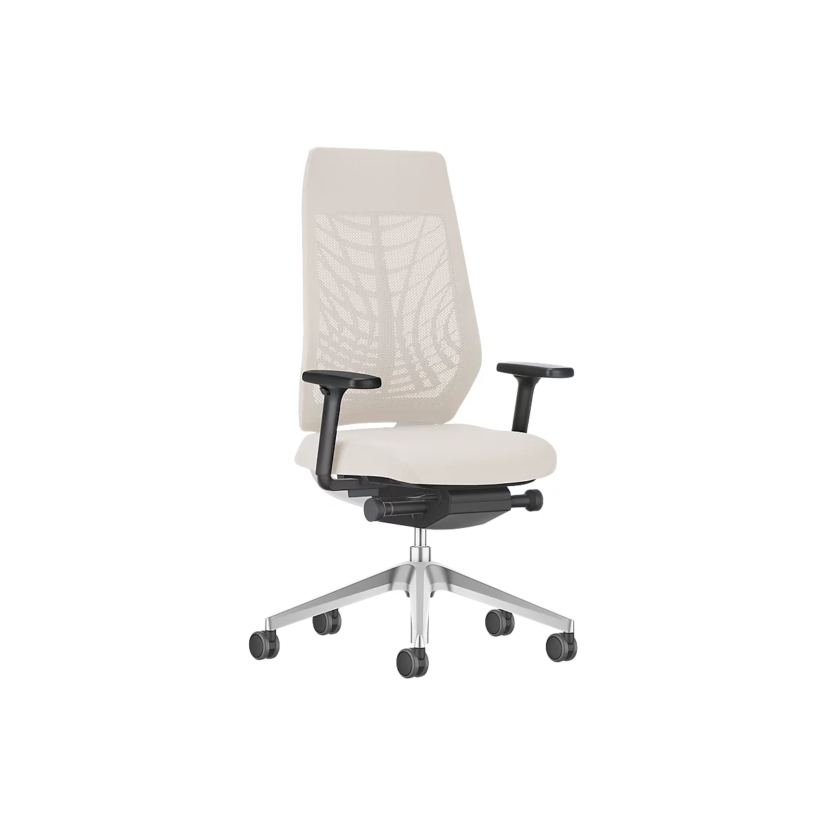 Cream-colored office chair against a white background. Black armrests and frame. The chair has a mesh back.