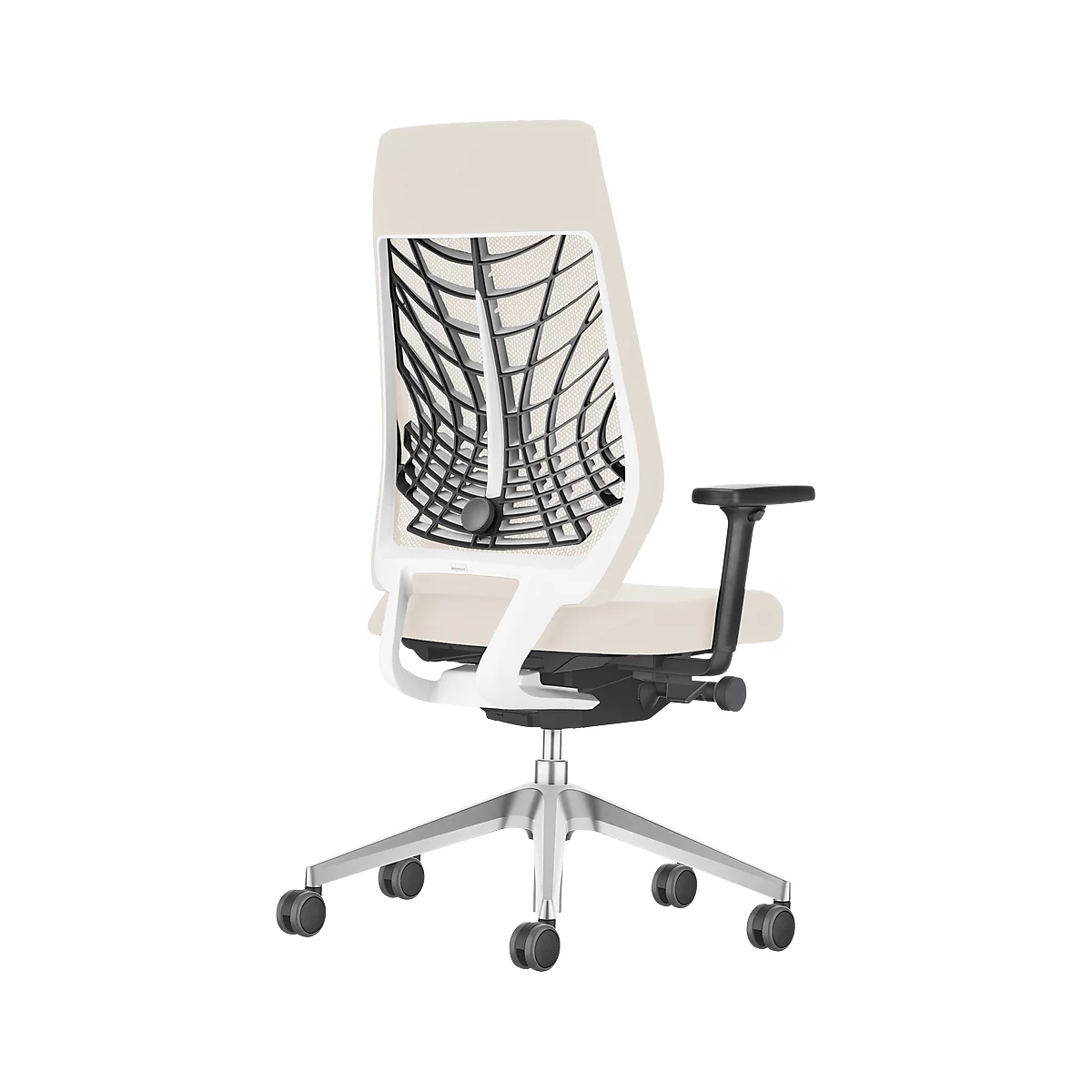 Office chair with white frame, black mesh back, and silver base.