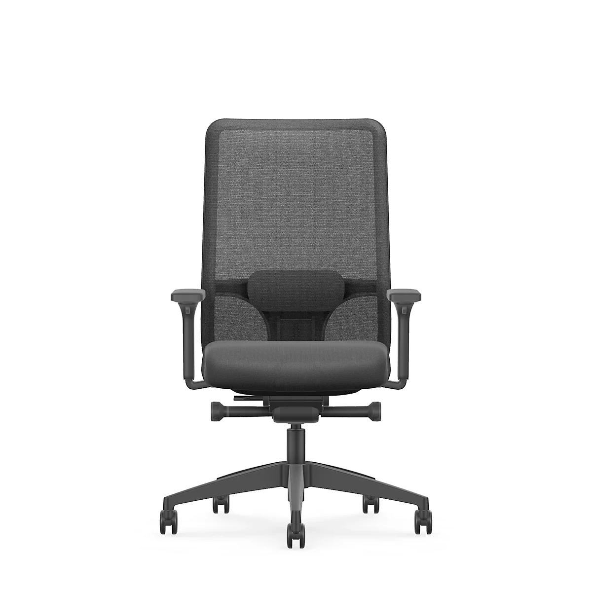 Bürostuhl in Schwarz, mit Mesh-Rückenlehne und Armlehnen, vor weißem Hintergrund.
