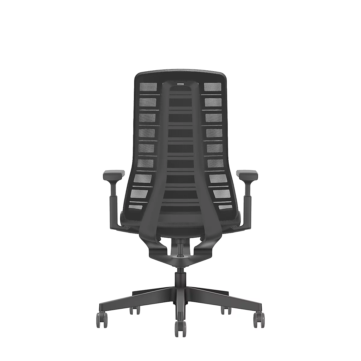 Back view of a black office chair with a mesh back and adjustable armrests. The chair stands on castors against a white background.