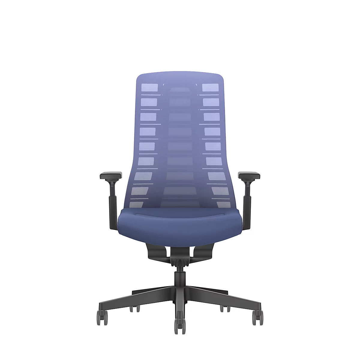 Blue office chair with mesh back and black armrests. The chair stands against a white background.