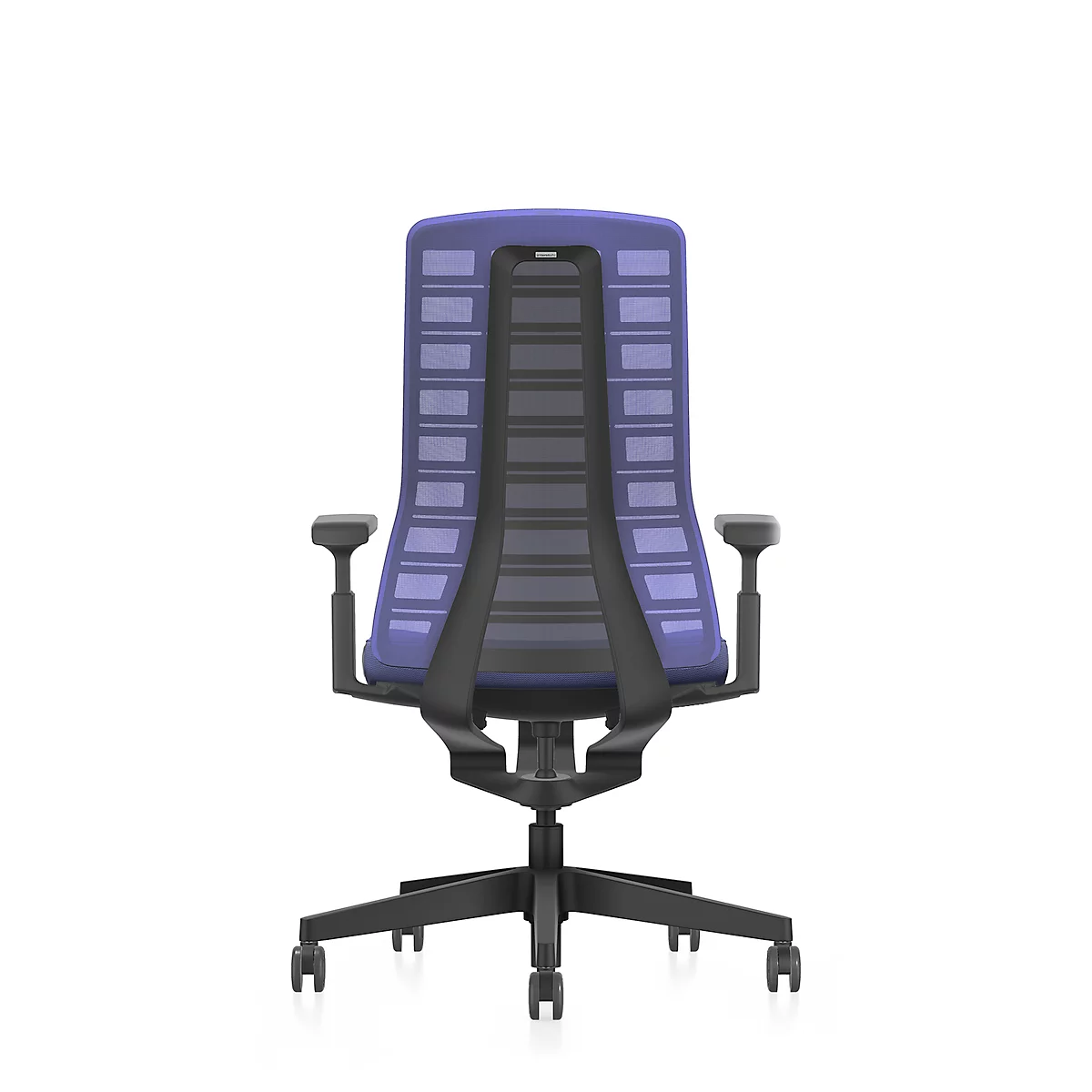 Back view of an ergonomic office chair with a blue mesh back and black armrests. The chair is set against a white background.