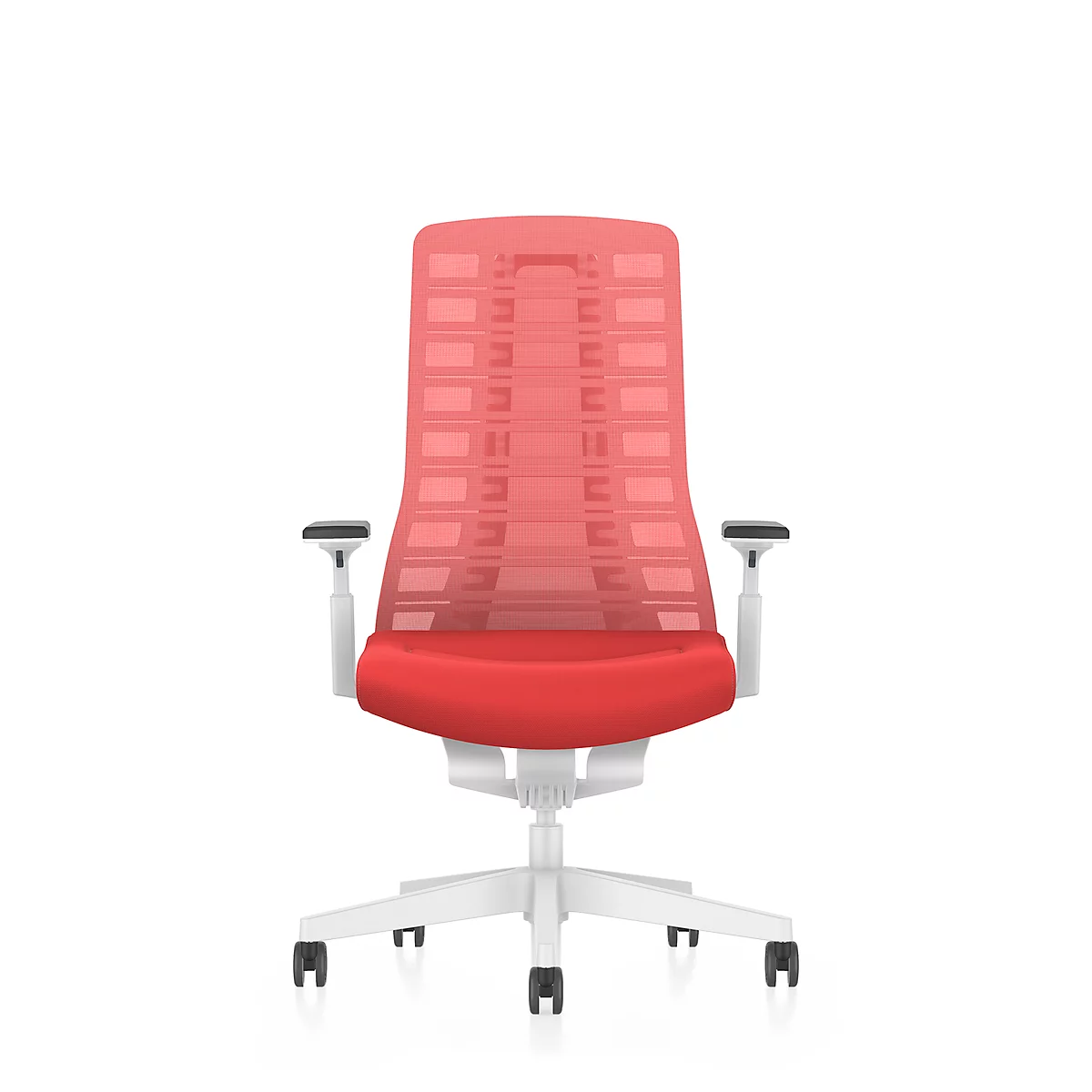 Red office chair with mesh back, white armrests and castors. On a light background.