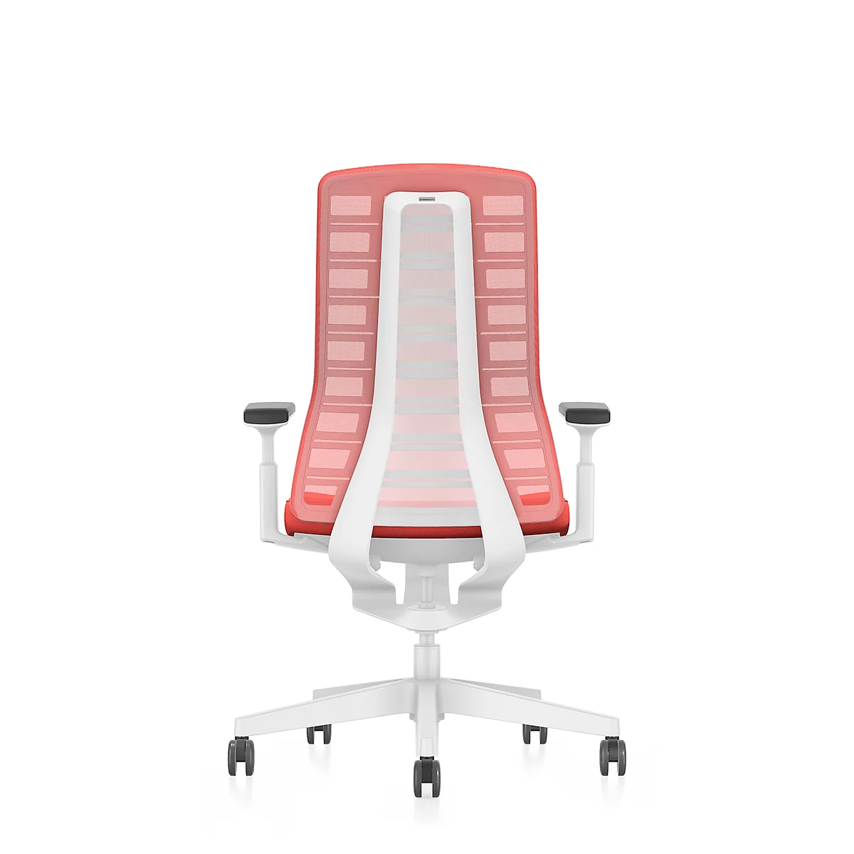 Red and white office chair, back view. The chair has a mesh back and white armrests.
