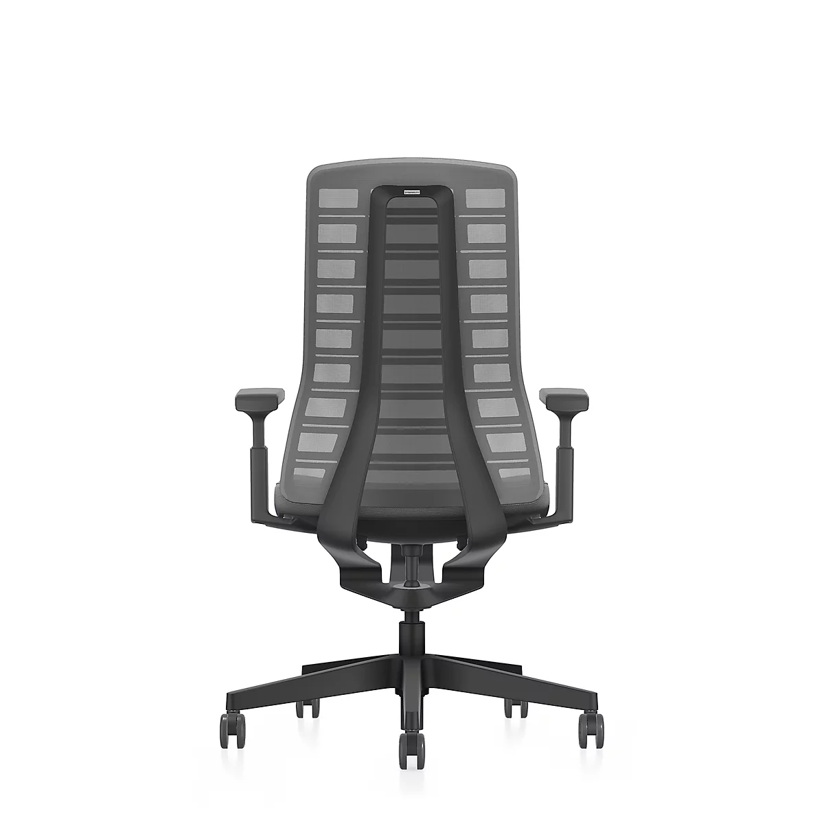 Black office chair from behind. The chair has a mesh backrest and armrests. It stands on a black base with castors.