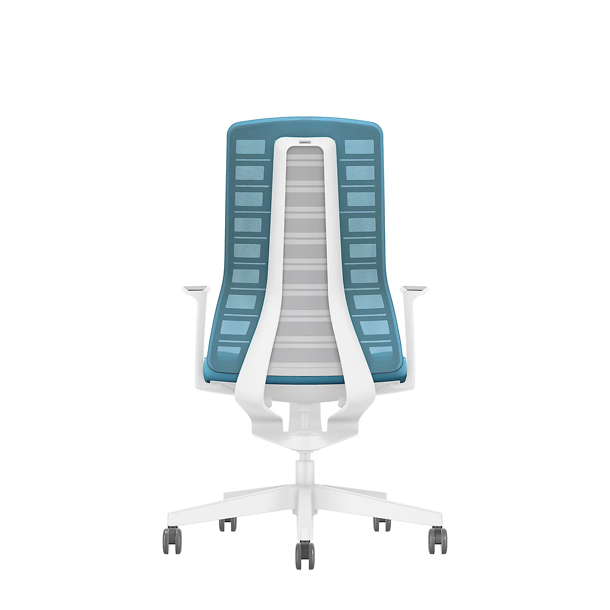 Back view of an ergonomic office chair. The chair has a white frame and blue accents. The seat is made of white mesh fabric.