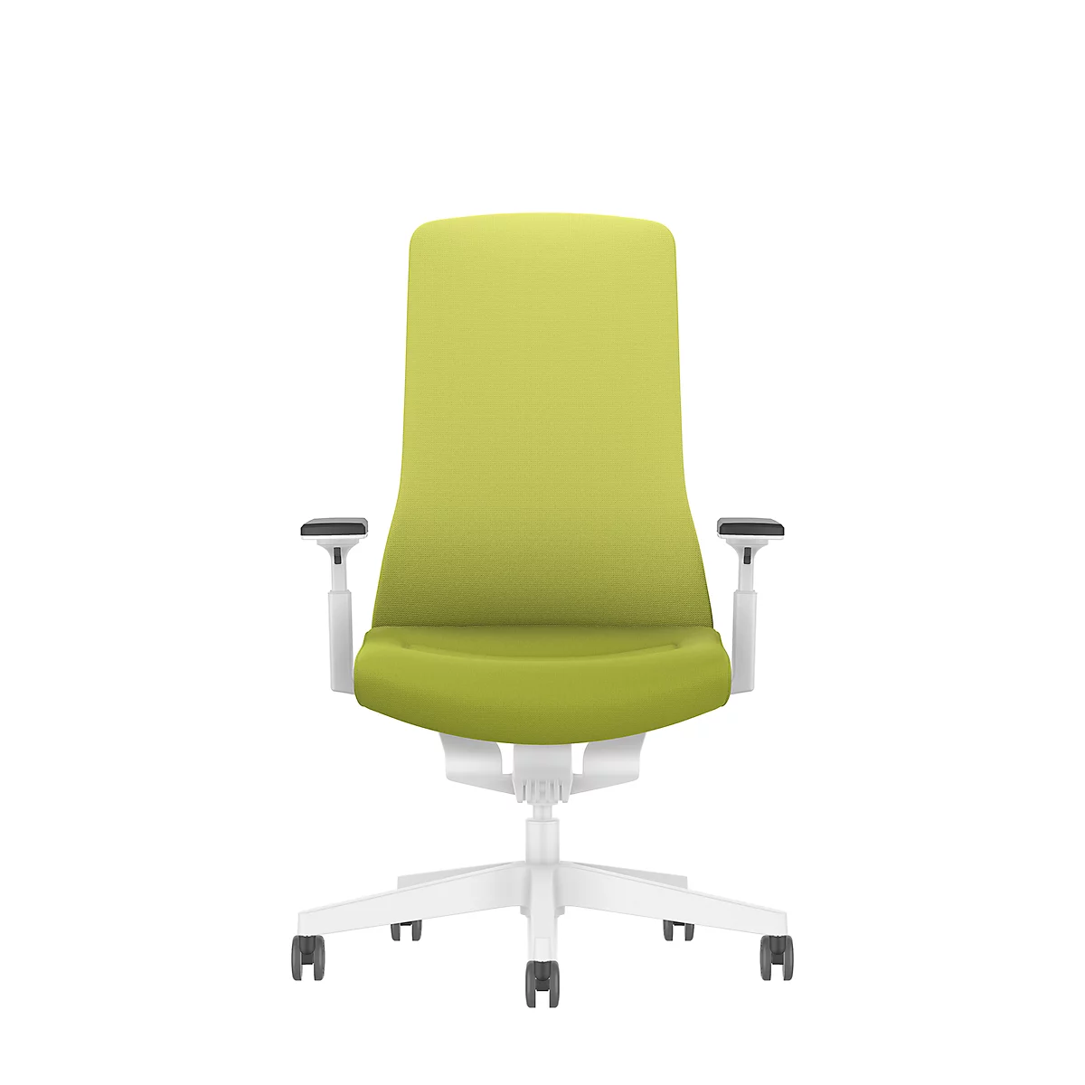 An ergonomic office chair with a green back and seat. The base and armrests are white.