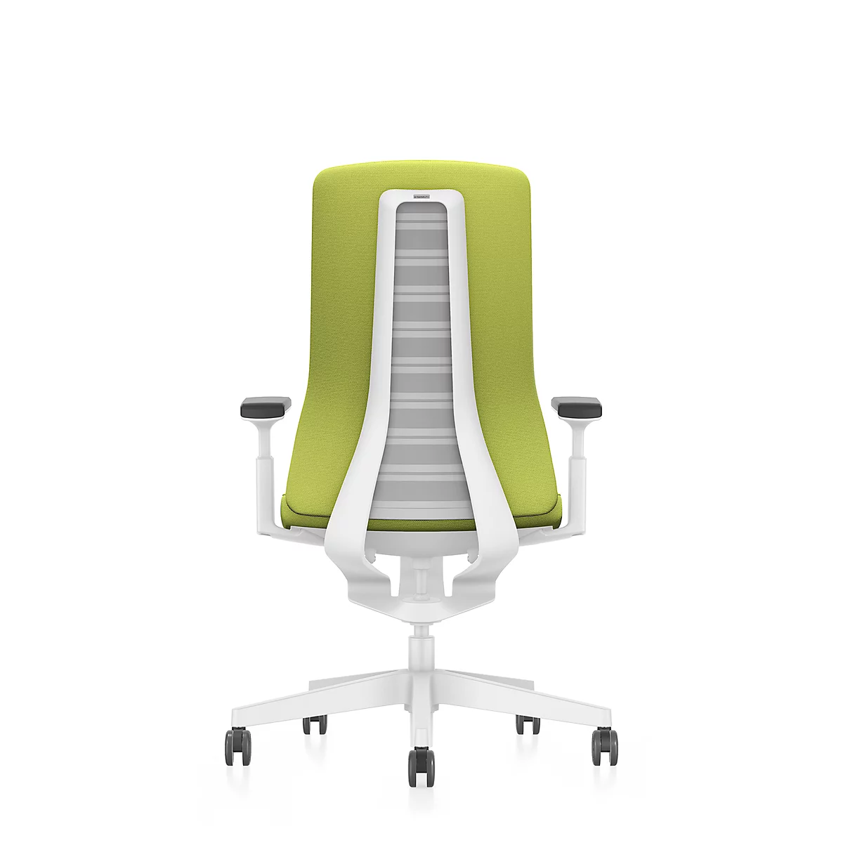 Back view of an ergonomic office chair in green and white.