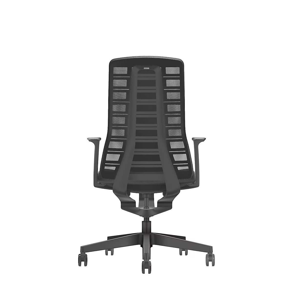 Black office chair with mesh back, armrests, and wheels against a white background.