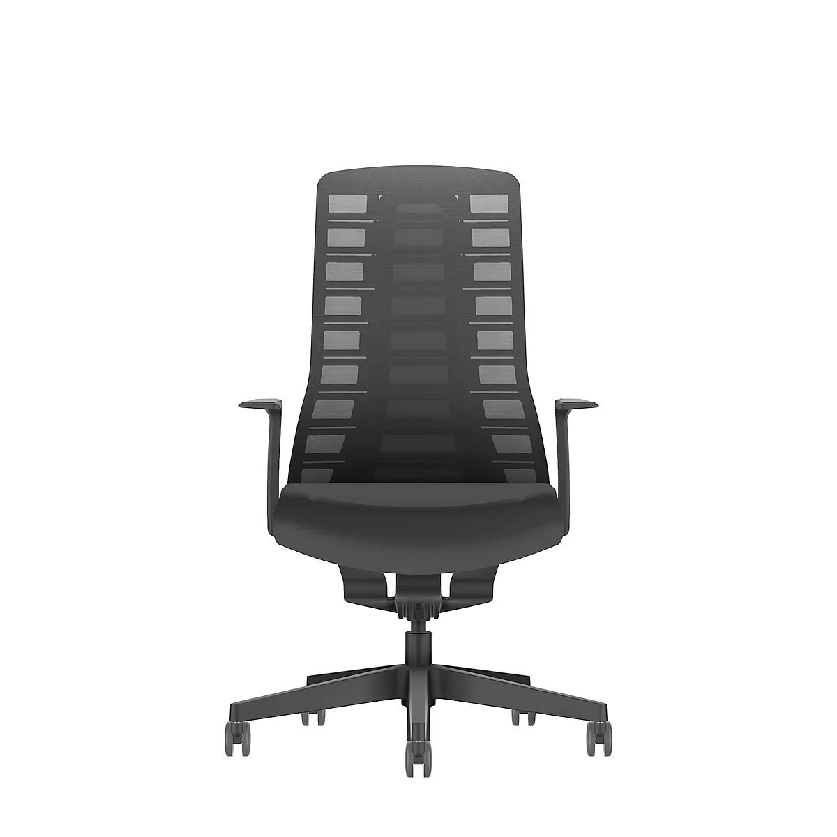 Black office chair on a white background. The chair has a tall back with a mesh pattern and armrests.